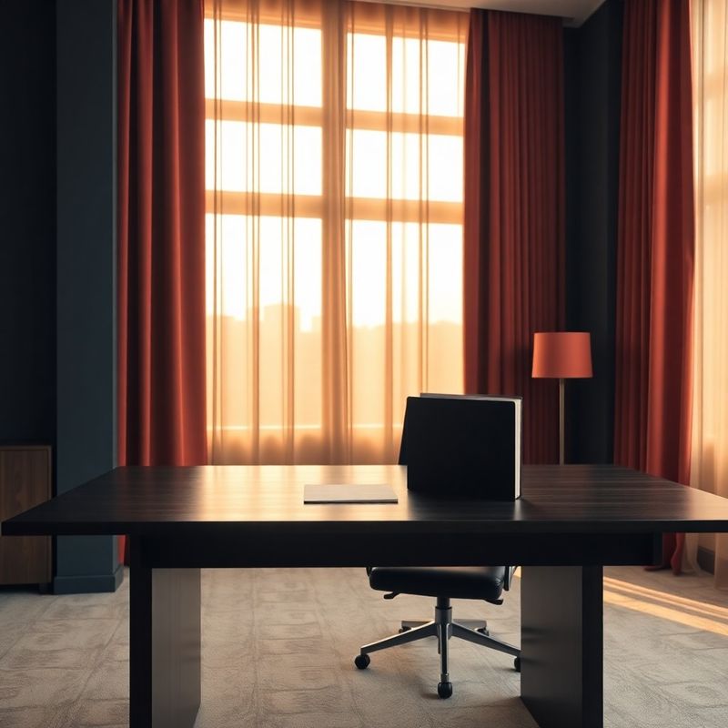 Birou InsightLandscape, lumină caldă de după-amiază pe un birou din lemn închis